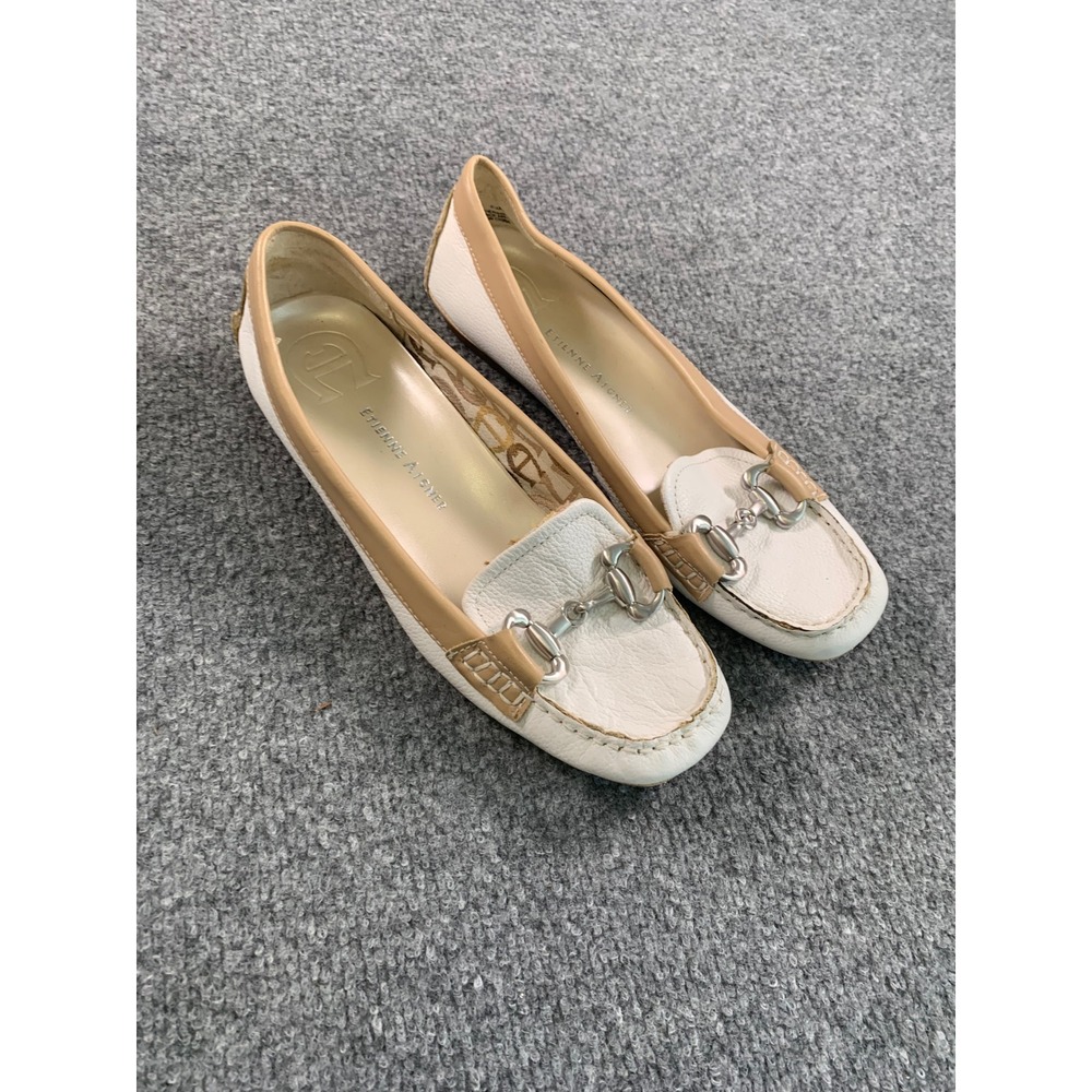 Etienne Aigner Womens 9 White Tan Leather Horsebit Driving Loafers Moccasins